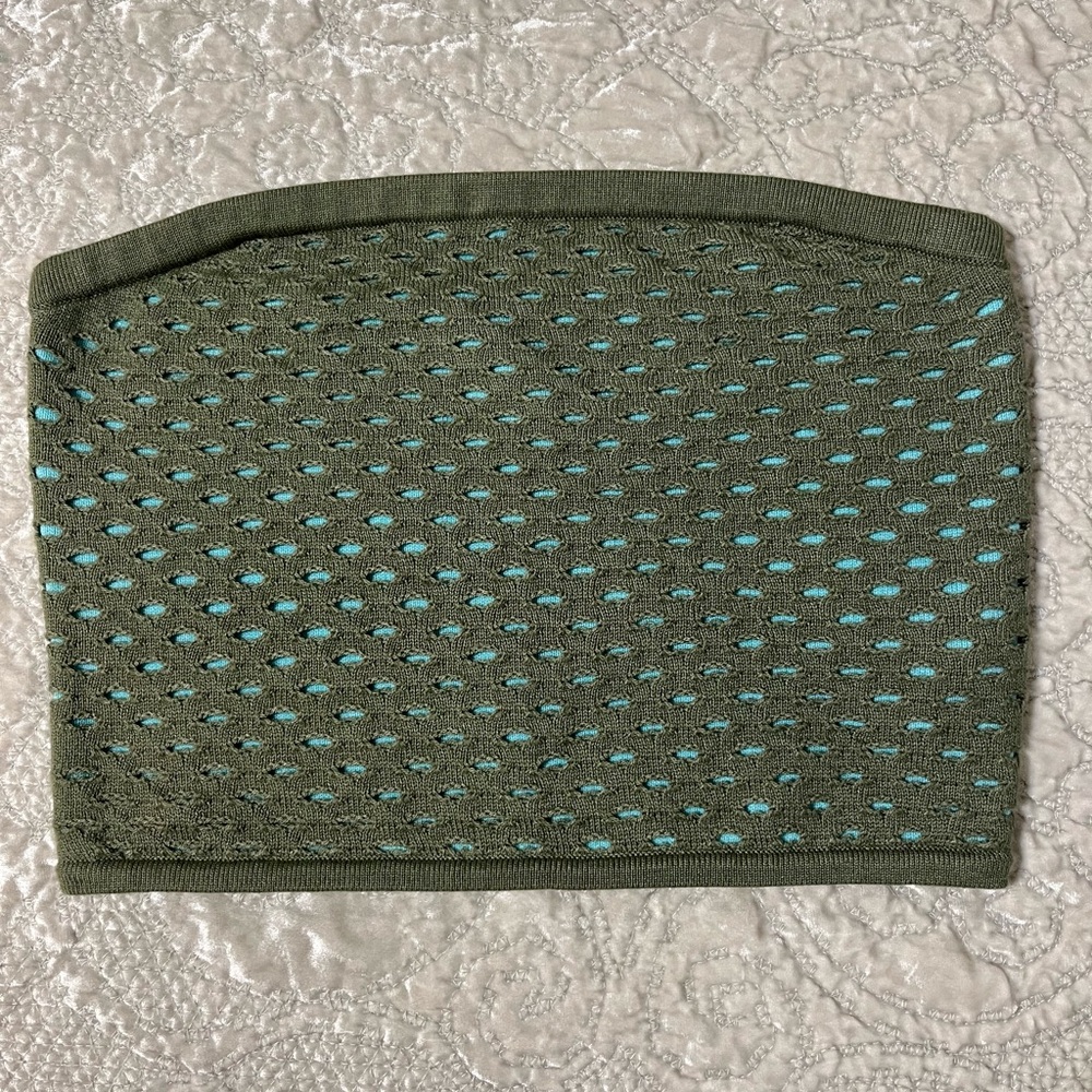 Aerie Olive Knit cutout Perforated mesh tube top with Teal Underlay. Small